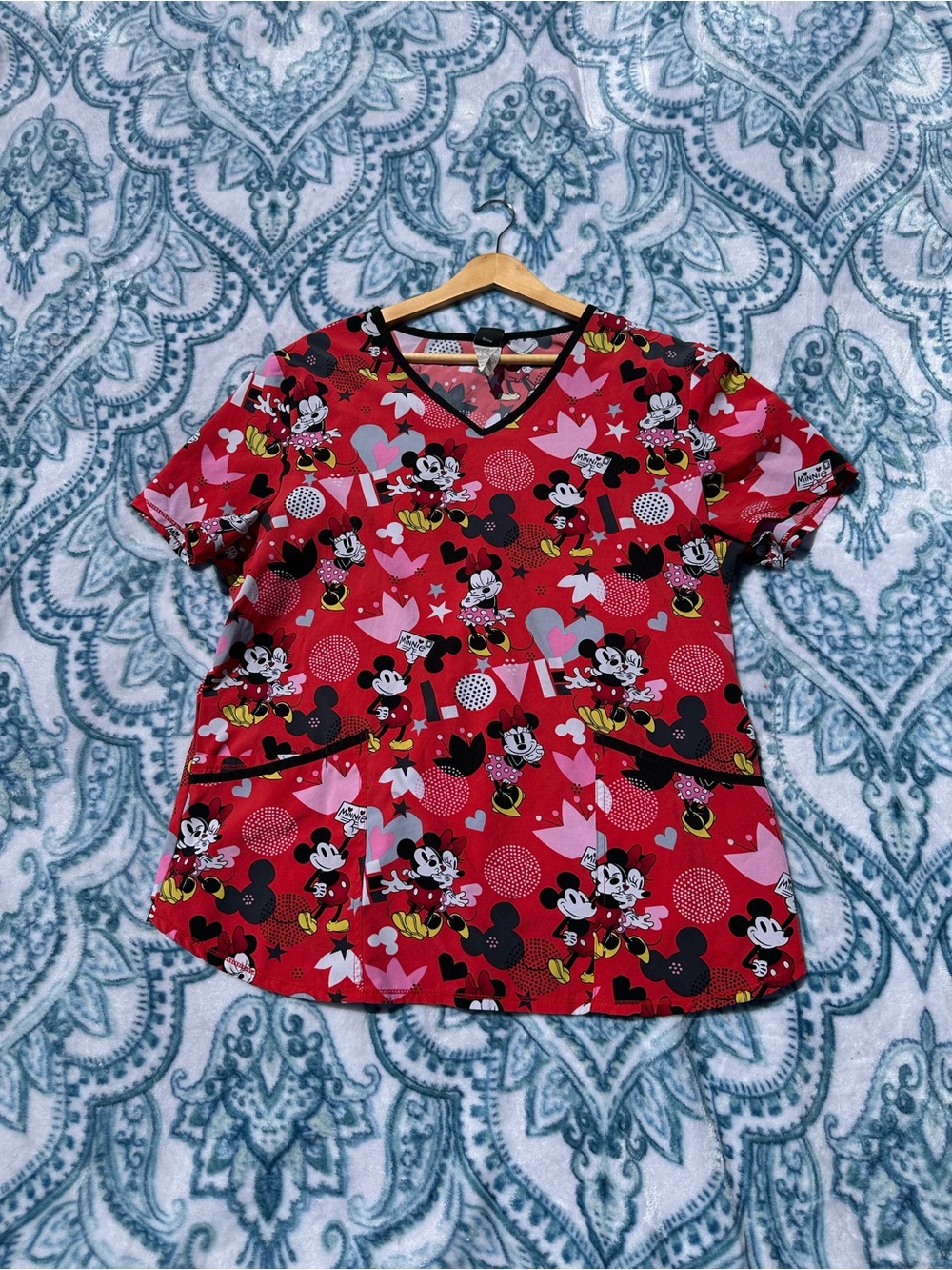 Disney Red Mickey & Minnie Print V-Neck Scrub Top